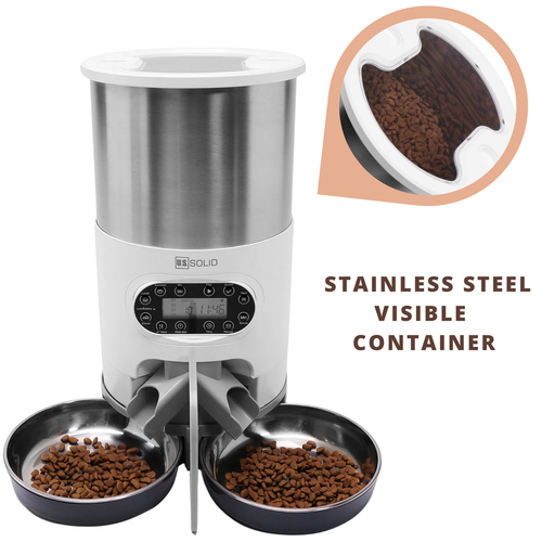 Automatic Cat Feeder - Stainless Steel Dog Pet Food Feeder Dispenser with Two-Way Splitter and Double Bowls by U.S. Solid