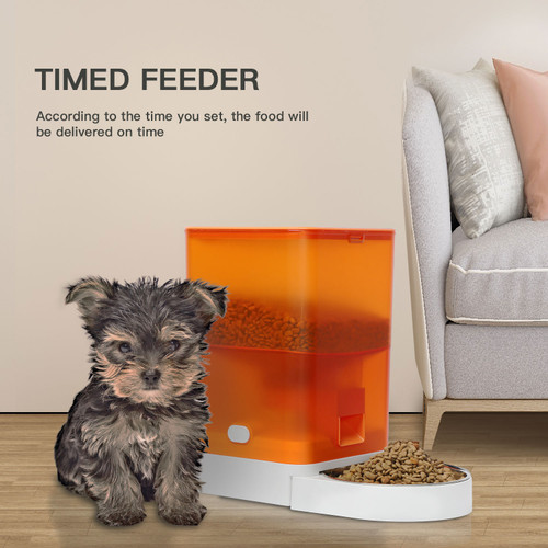 Automatic Pet Feeder - Orange Cat Dog Food Feeder Dispenser with Stainless Steel Bowl, Voice Recorder and Battery