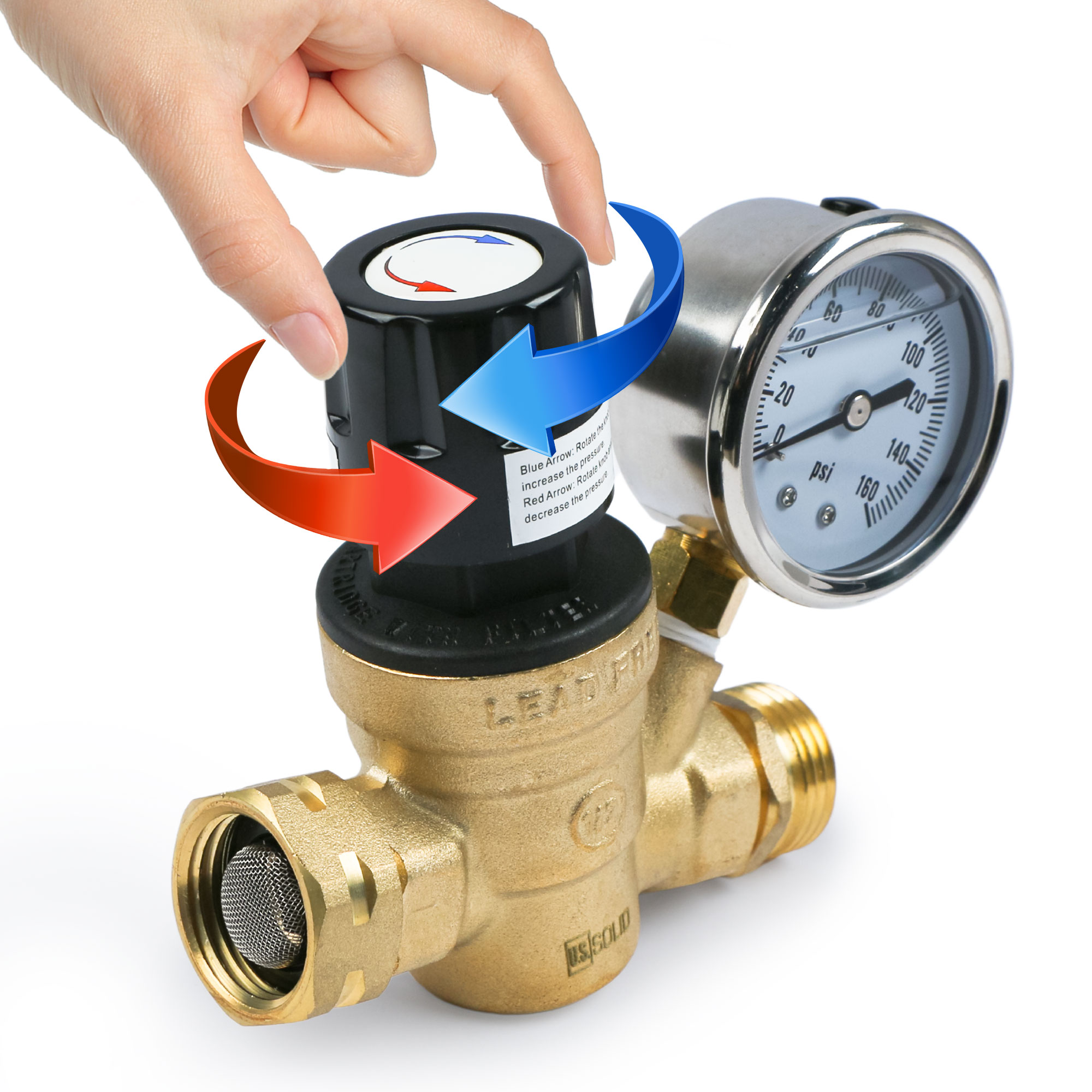 U.S. Solid Water Regulator Valve- 3/4 NH Thread No Lead Brass Hand Adjustable RV Pressure Regulator with Pressure Gauge and Water Filter