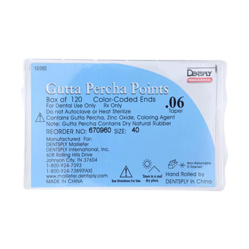 Maillefer #40 .06 Tapered Gutta Percha Points. Box of 120 Points Dentsply - 670960 - exp. 09/2026