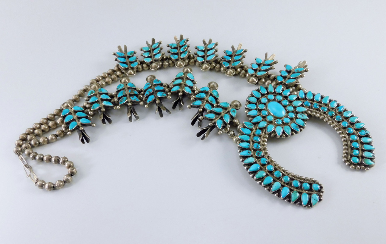 Mid-Century Zuni Indian Turquoise and Silver Squash Blossom Necklace