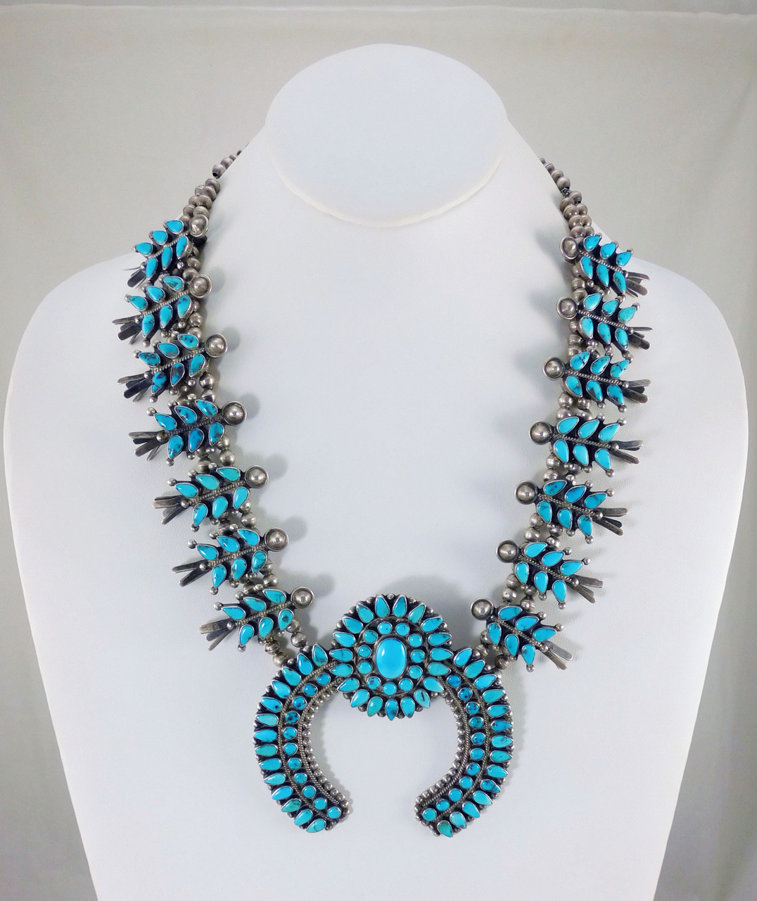 Mid-Century Zuni Indian Turquoise and Silver Squash Blossom Necklace