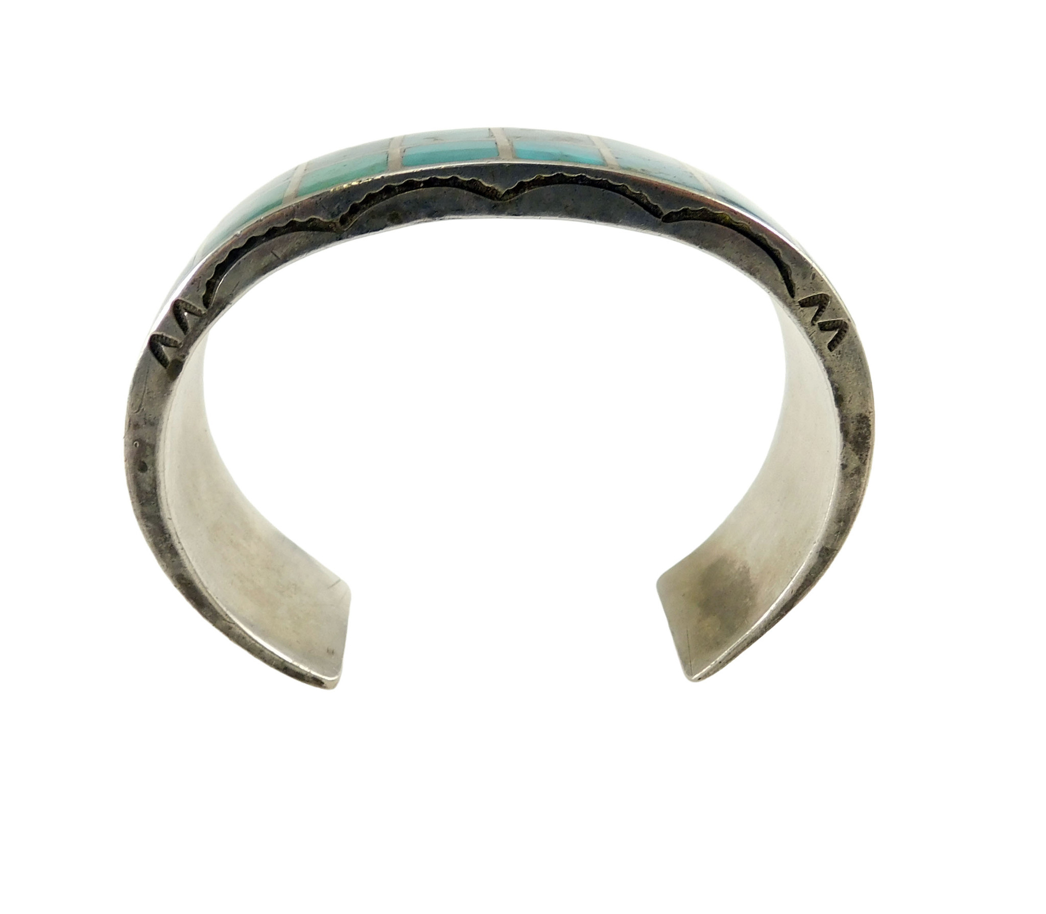 Vintage Zuni Inlay Blue Gem Silver Cuff Bracelet