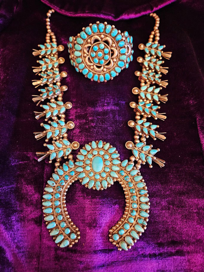 Mid-Century Zuni Indian Turquoise and Silver Squash Blossom Necklace