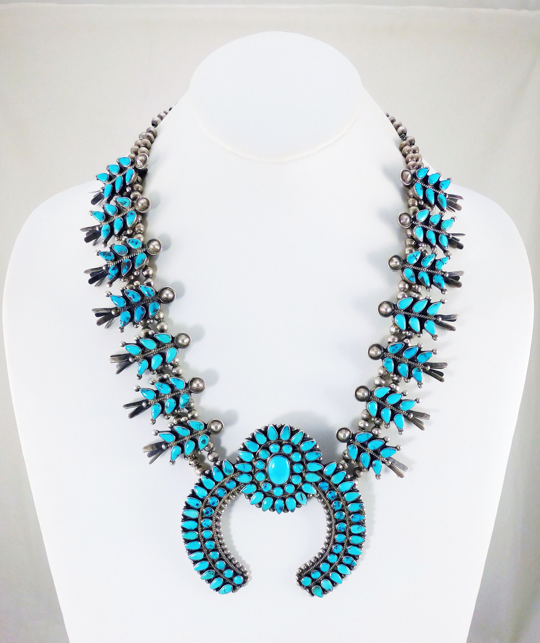 Mid-Century Zuni Indian Turquoise and Silver Squash Blossom Necklace
