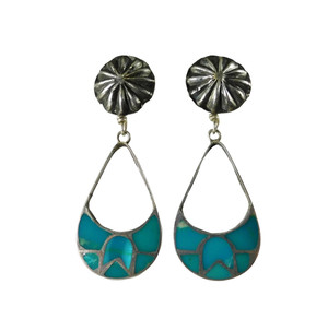 Vintage Zuni Inlay Turquoise Dangle Earrings