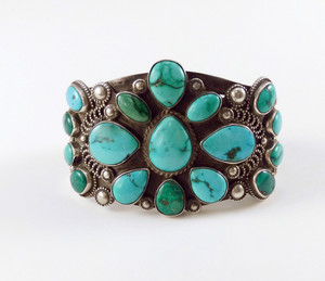 Antique Ingot Silver Cluster Turquoise Bracelet