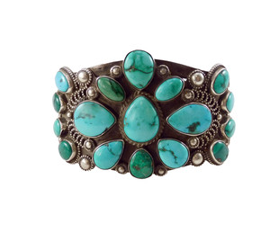 Antique Ingot Silver Cluster Turquoise Bracelet