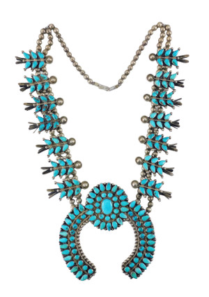 Mid-Century Zuni Indian Turquoise and Silver Squash Blossom Necklace