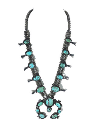 Vintage Persian Turquoise Silver Squash Blossom Necklace