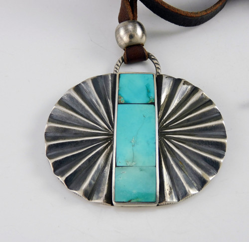 Jesse Robbins Stamped Coin Silver Medallion with Turquoise Pendant