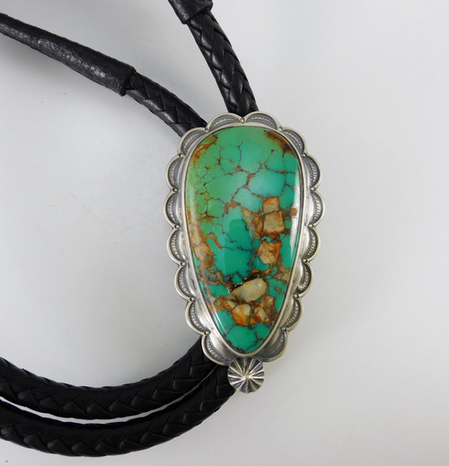 Jesse Robbins Coin Silver Bola Tie with Royston Turquoise