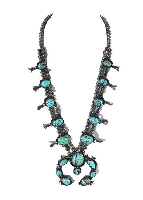 Vintage Persian Turquoise Silver Squash Blossom Necklace
