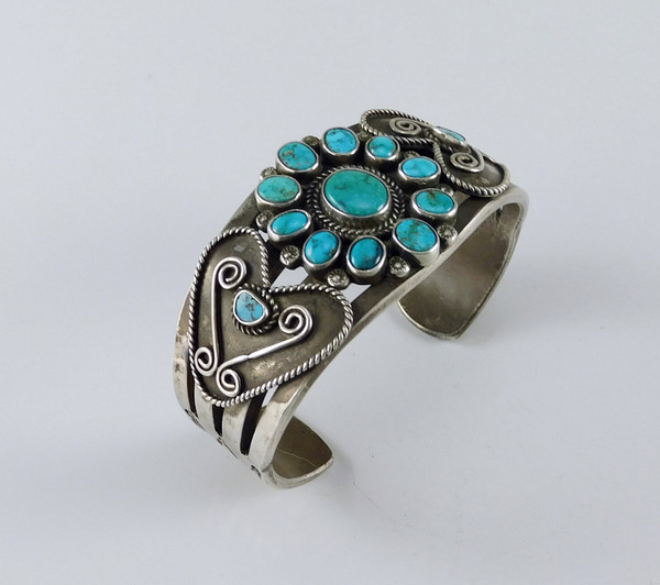 Vintage Turquoise Silver Bracelet With Hearts