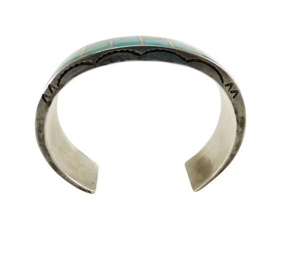 Vintage Zuni Inlay Blue Gem Silver Cuff Bracelet