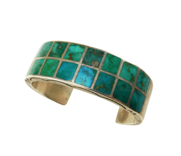 Vintage Zuni Inlay Blue Gem Silver Cuff Bracelet