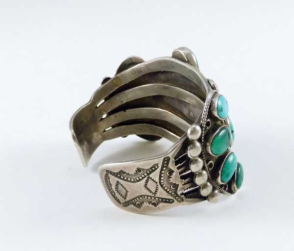 Antique Ingot Silver Cluster Turquoise Bracelet