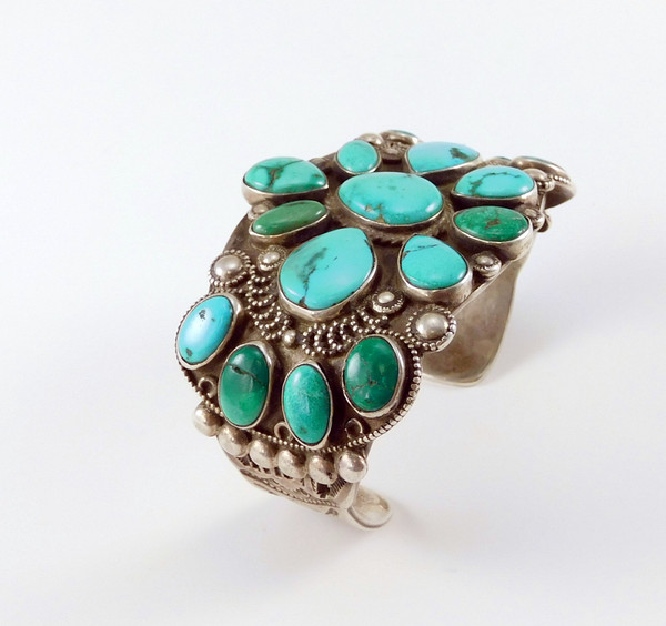 Antique Ingot Silver Cluster Turquoise Bracelet