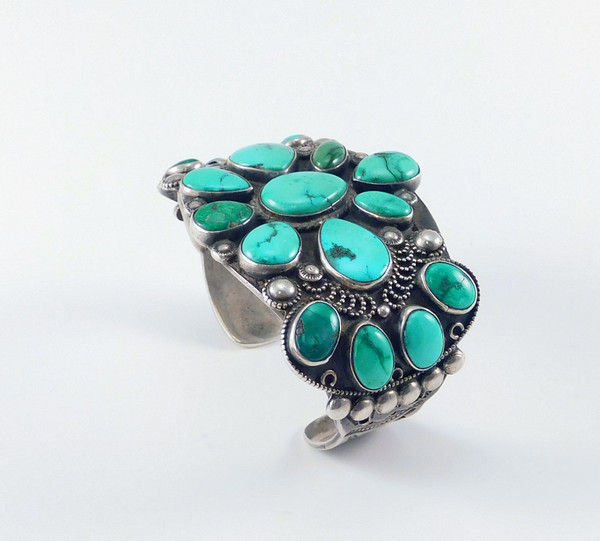 Antique Ingot Silver Cluster Turquoise Bracelet