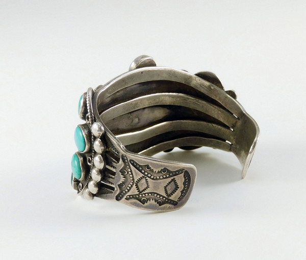 Antique Ingot Silver Cluster Turquoise Bracelet