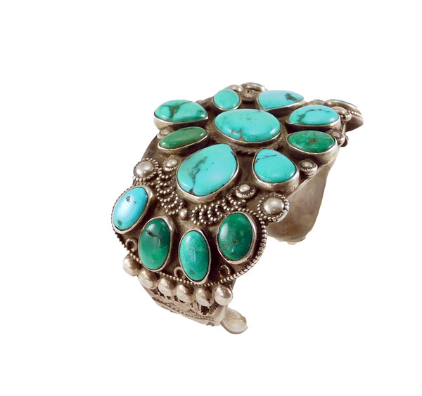 Antique Ingot Silver Cluster Turquoise Bracelet