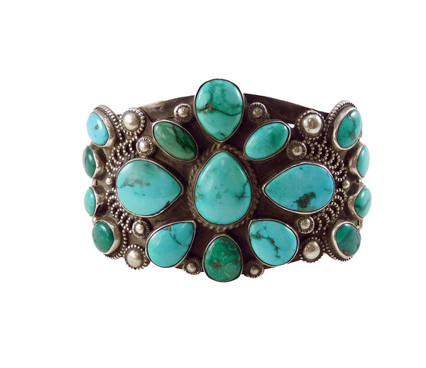 Antique Ingot Silver Cluster Turquoise Bracelet