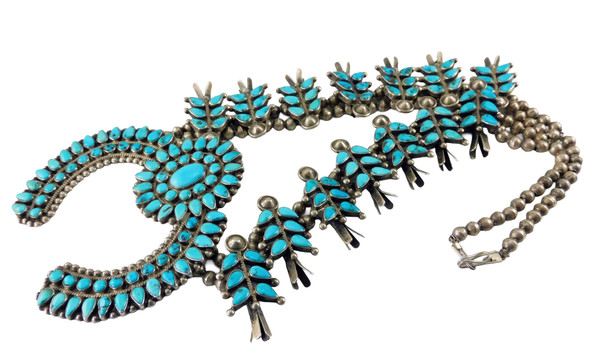 Mid-Century Zuni Indian Turquoise and Silver Squash Blossom Necklace