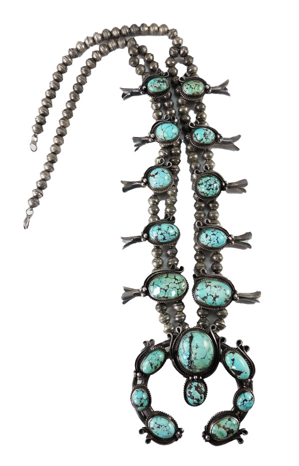 Vintage Persian Turquoise Silver Squash Blossom Necklace