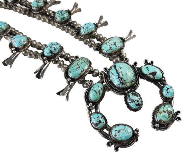 Vintage Persian Turquoise Silver Squash Blossom Necklace