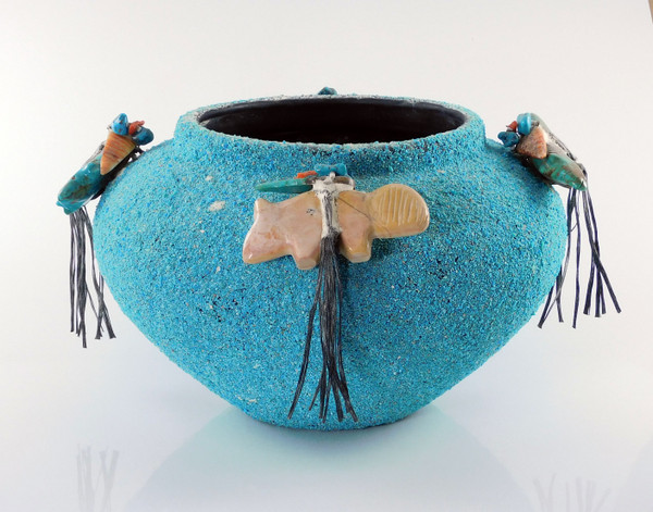 Turquoise covered pottery jar with carvings by Edna Leki, Zuni