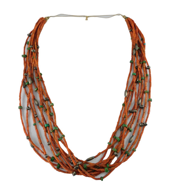 10 Stand Coral Turquoise and Silver Necklace