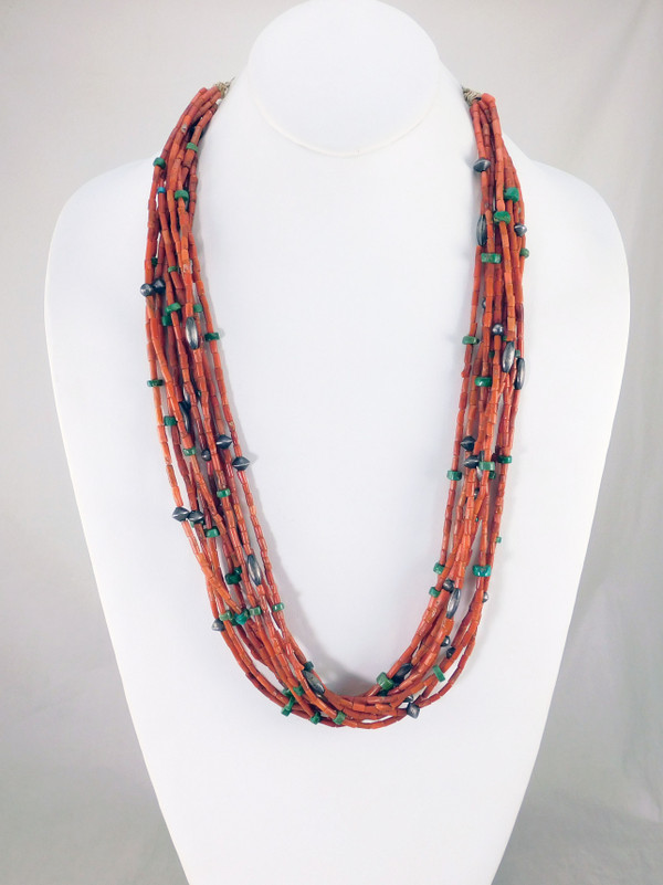 10 Stand Coral Turquoise and Silver Necklace