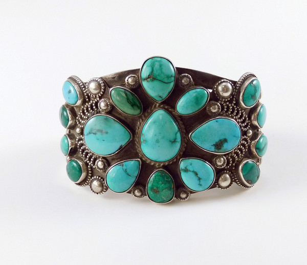 Antique Ingot Silver Cluster Turquoise Bracelet
