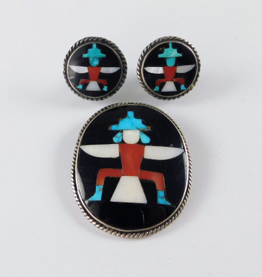 Vintage Zuni Inlay Pin and Earrings Dexter Cellicion