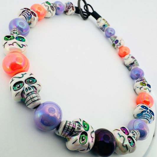 Beaded Dog Collar Slip-on Purple and Orange with Skulls Halloween Collection | Dainty Days