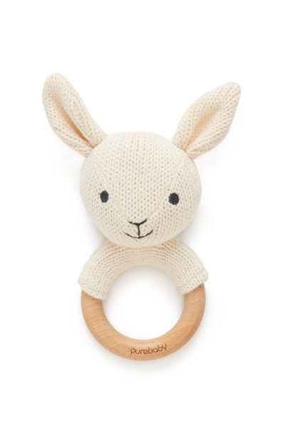 Purebaby Baby Rattle Bunny Rattle in Cream Soft Organic Knit Wooden Ring