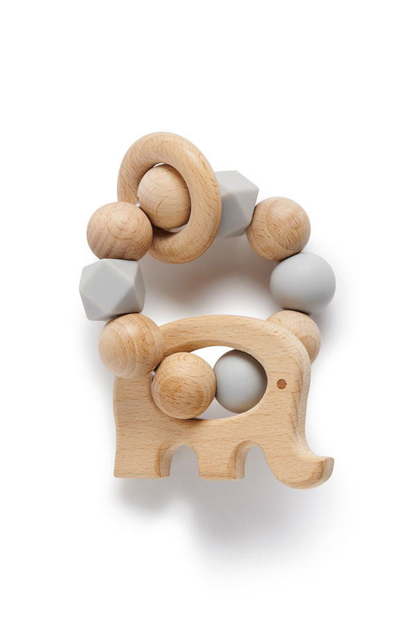 Purebaby Baby Teether Natural Wood and Silicone Elephant Teething Ring