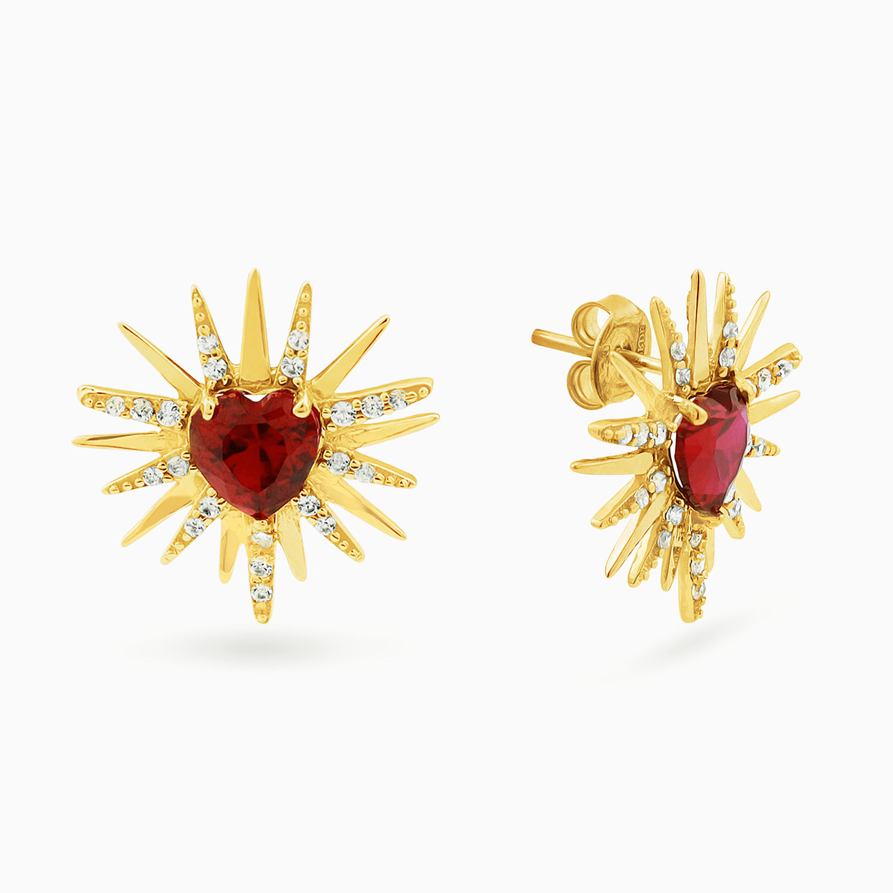 Heart Red Stone Stud Earrings in 18K Gold - 2 Heart Red Stone Stud Earrings in 18K Gold - 2
