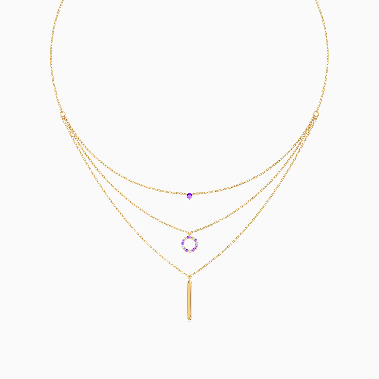 Circle Purple Stone Layered Necklace in 18K Gold - 3 Circle Purple Stone Layered Necklace in 18K Gold - 3