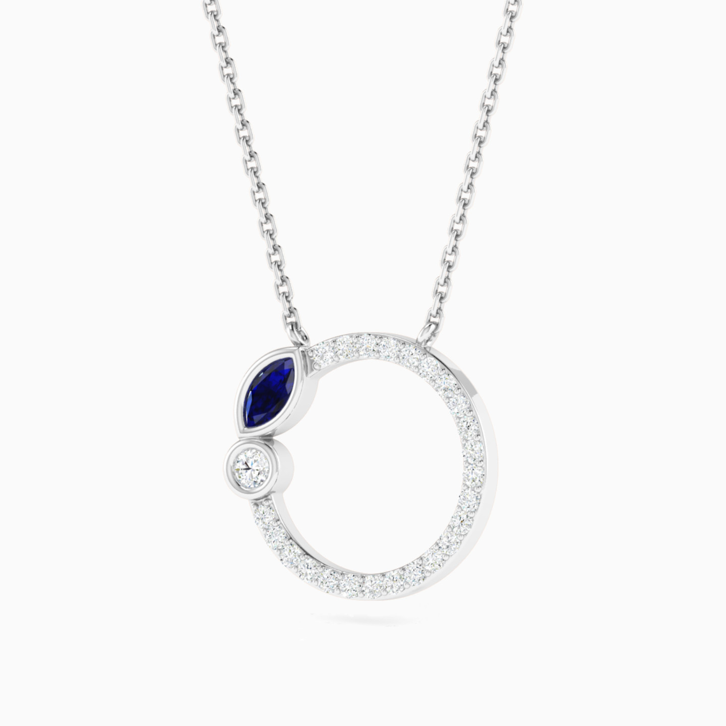Open Circle Blue Stone & Diamond Necklace in 18K Gold - 2 Open Circle Blue Stone & Diamond Necklace in 18K Gold - 2