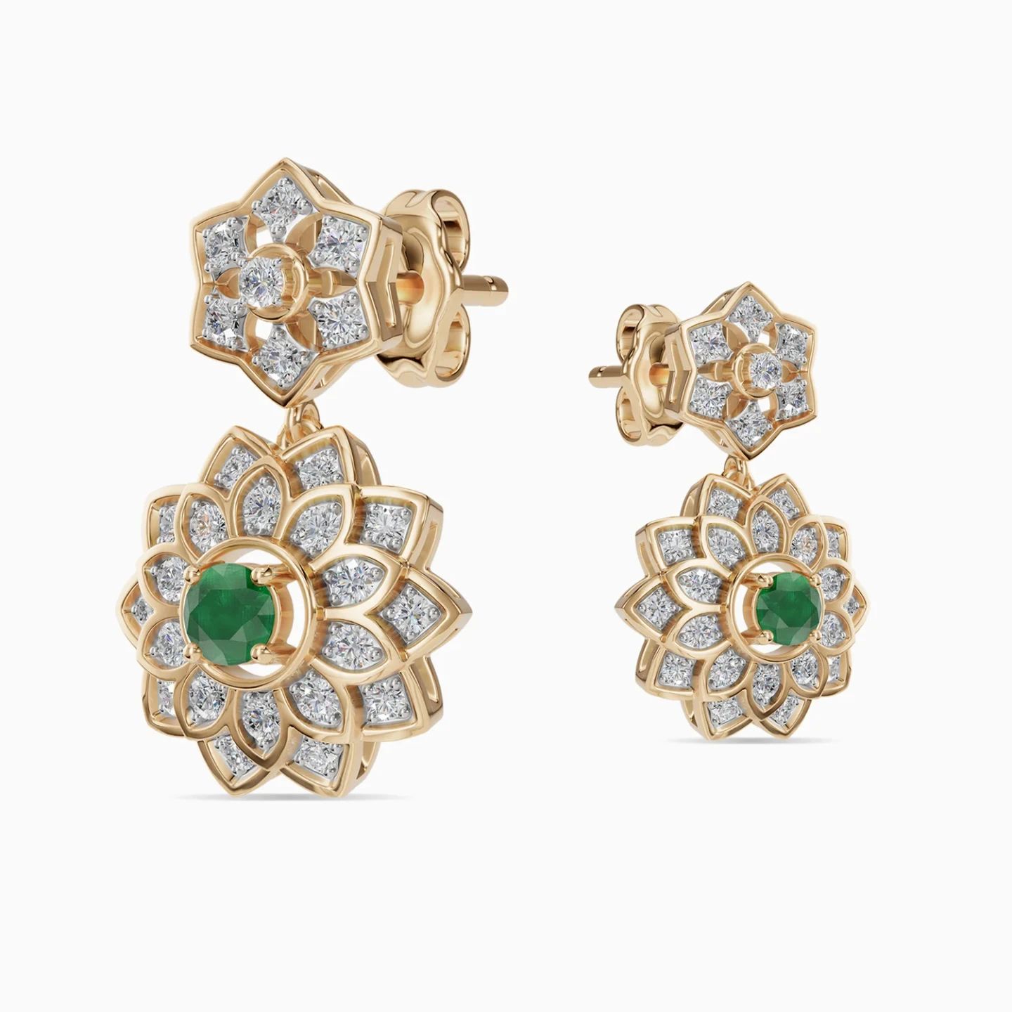 Flower & Star Green Stone & Diamond Drop Earrings in 18K Gold - 4 Flower & Star Green Stone & Diamond Drop Earrings in 18K Gold - 4