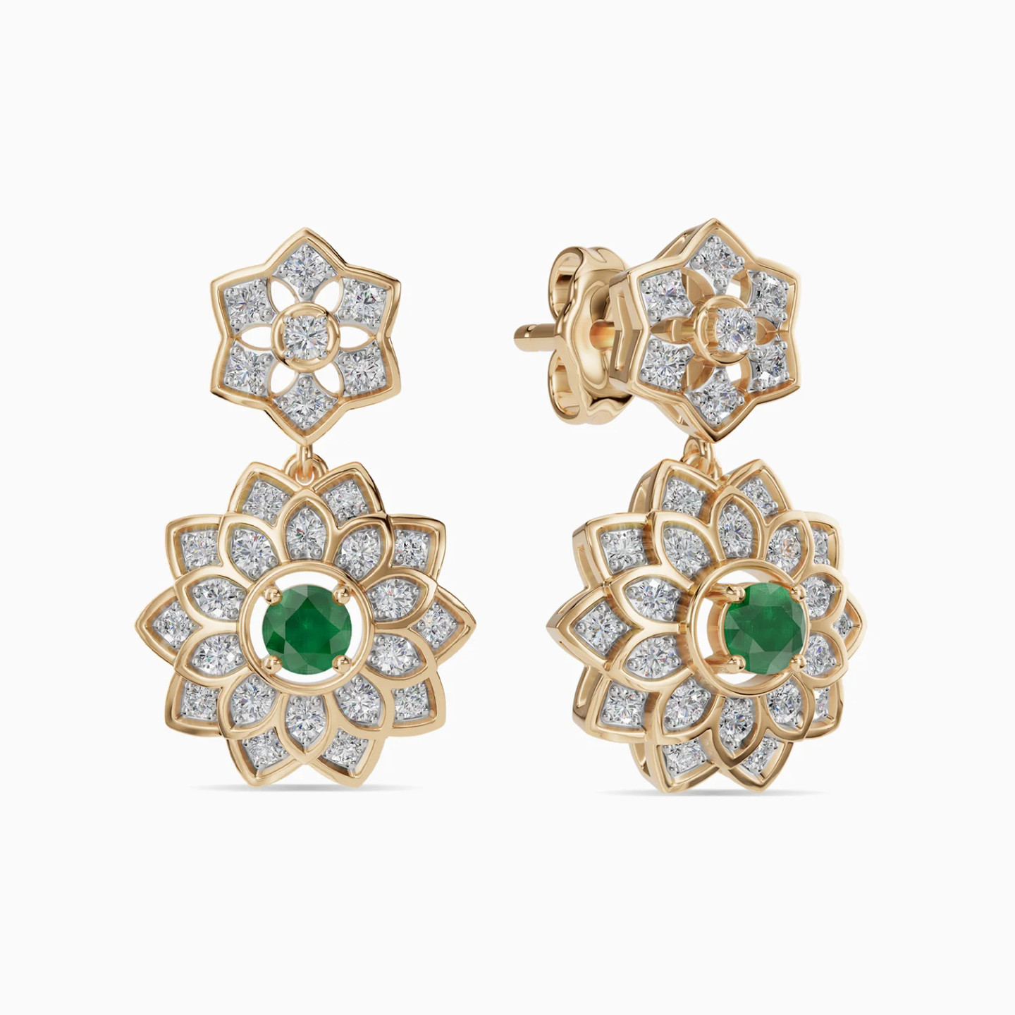 Flower & Star Green Stone & Diamond Drop Earrings in 18K Gold Flower & Star Green Stone & Diamond Drop Earrings in 18K Gold