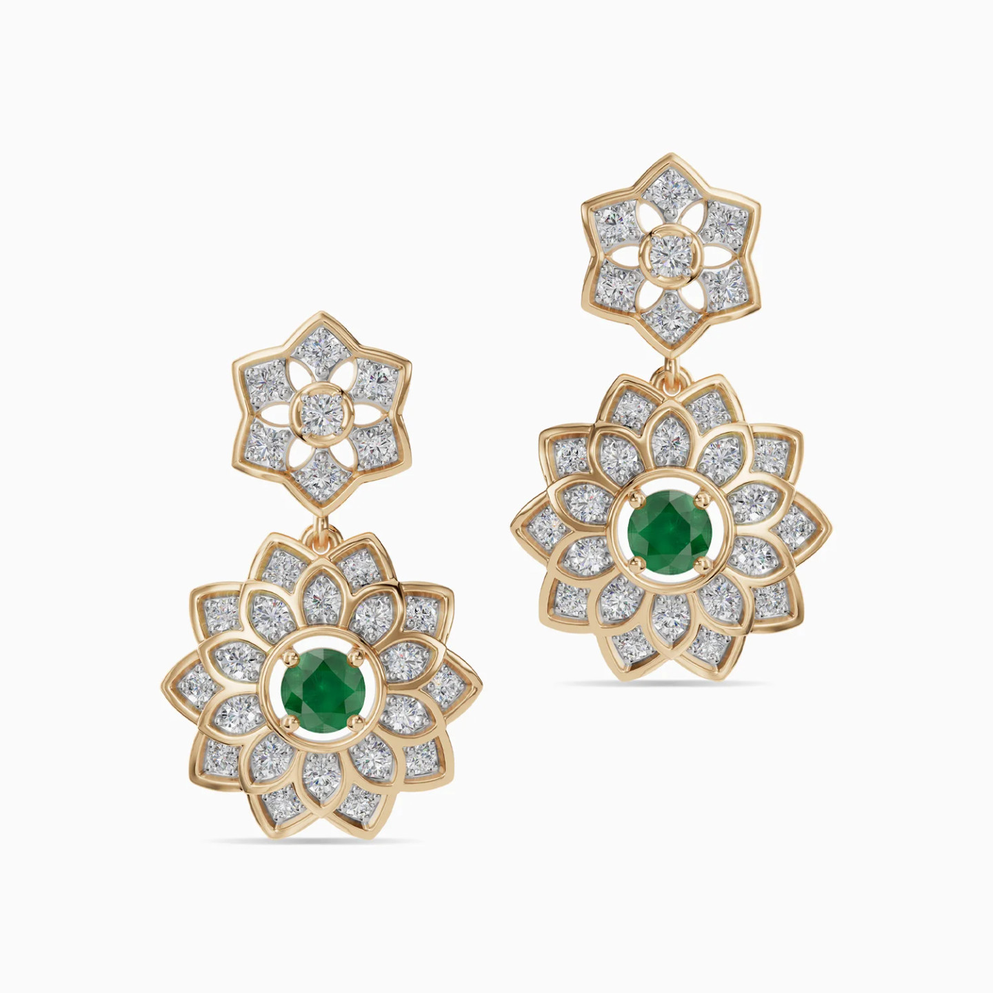 Flower & Star Green Stone & Diamond Drop Earrings in 18K Gold - 3 Flower & Star Green Stone & Diamond Drop Earrings in 18K Gold - 3