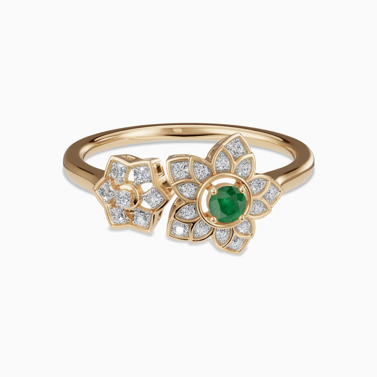Detailed Flowers Green Stone & Diamond Open Ring in 18K Gold Detailed Flowers Green Stone & Diamond Open Ring in 18K Gold
