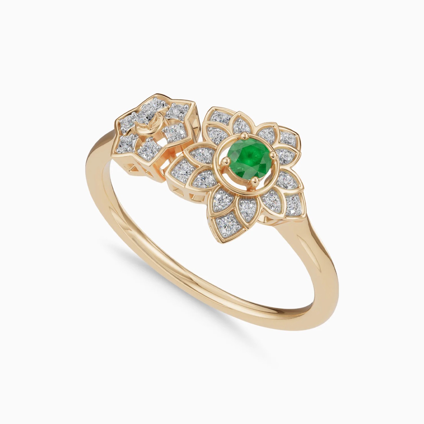 Detailed Flowers Green Stone & Diamond Open Ring in 18K Gold - 3 Detailed Flowers Green Stone & Diamond Open Ring in 18K Gold - 3