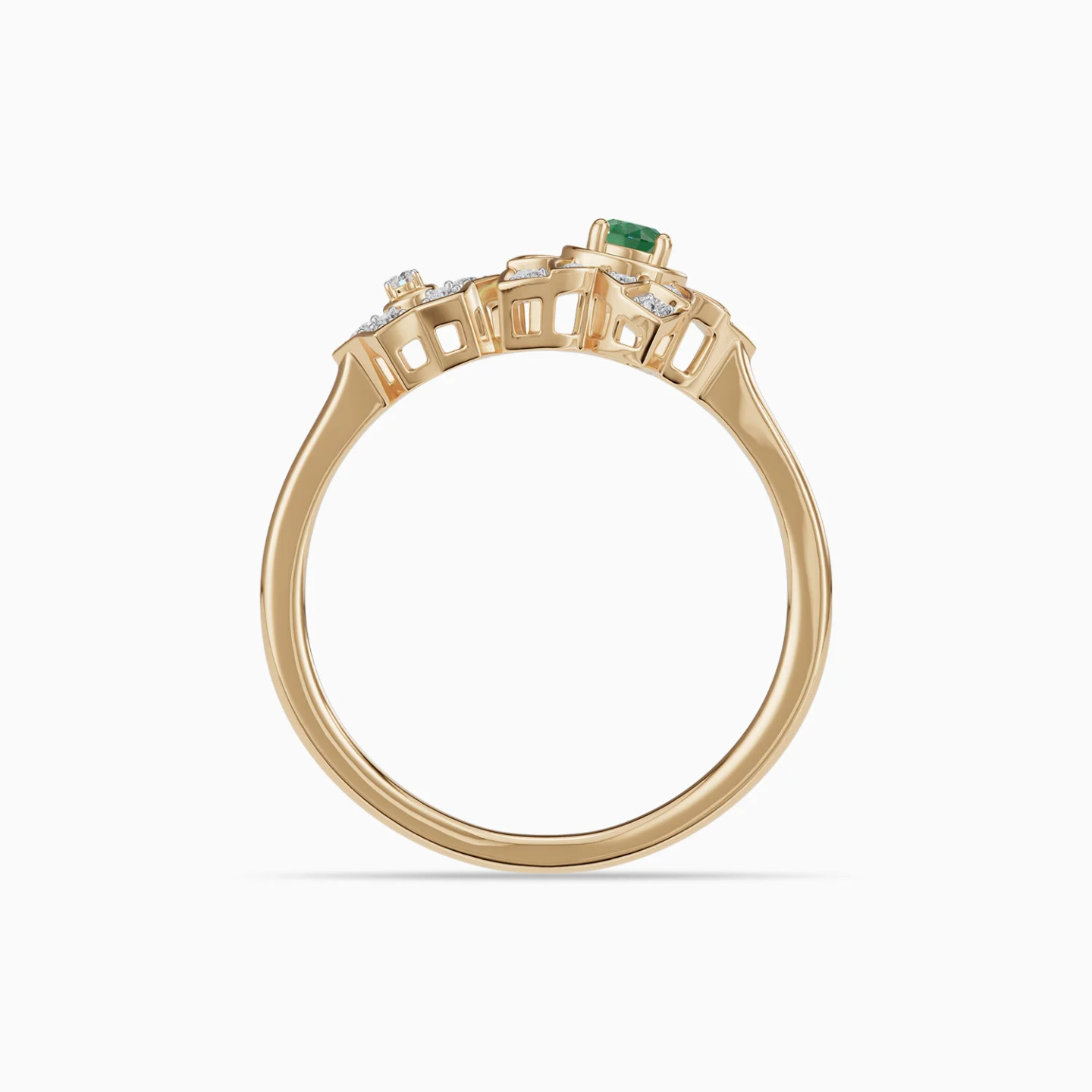 Detailed Flowers Green Stone & Diamond Open Ring in 18K Gold - 4 Detailed Flowers Green Stone & Diamond Open Ring in 18K Gold - 4