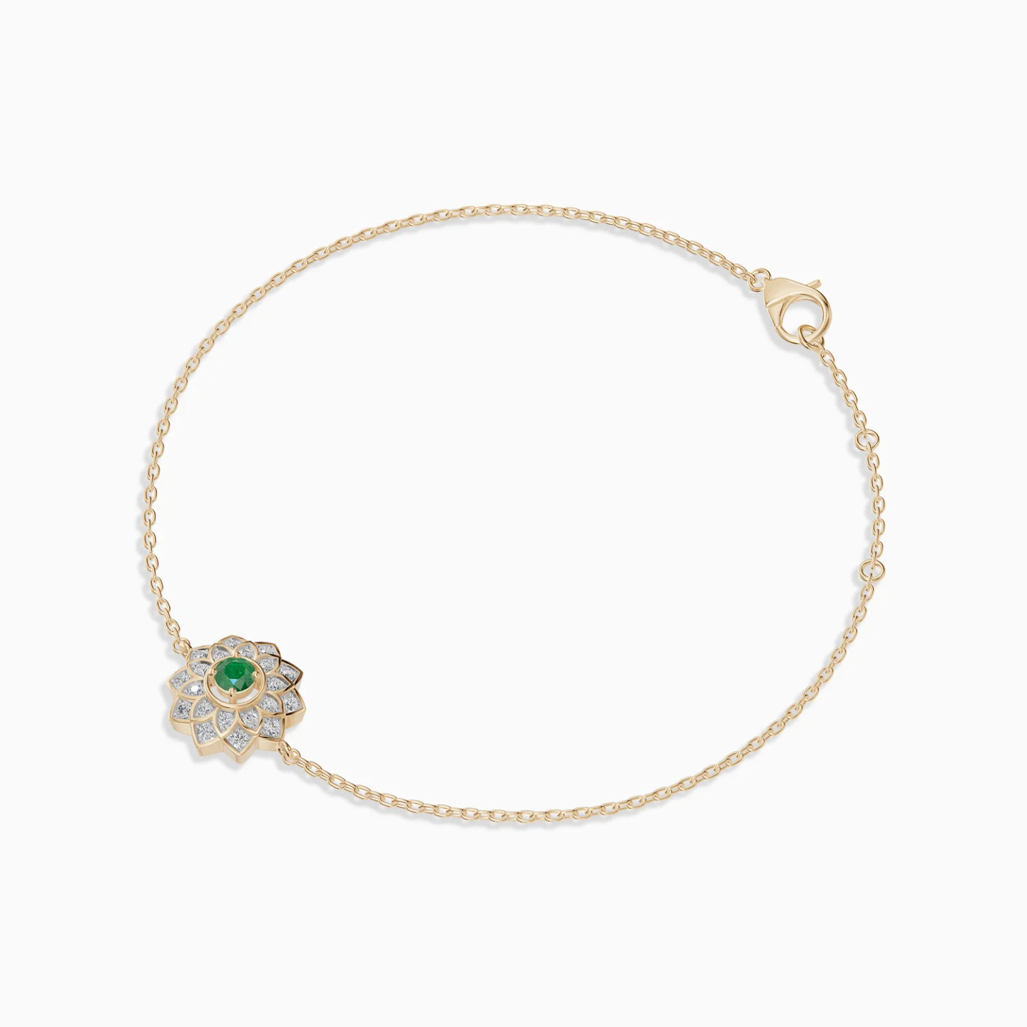 Layered Flower Green Stone & Diamond Chain Bracelet in 18K Gold - 3 Layered Flower Green Stone & Diamond Chain Bracelet in 18K Gold - 3