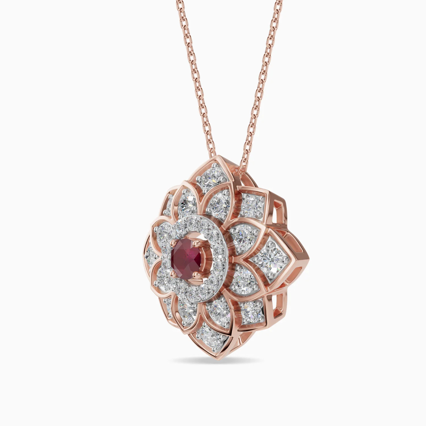 Layered Flower Red Stone & Diamond Necklace in 18K Gold - 2 Layered Flower Red Stone & Diamond Necklace in 18K Gold - 2