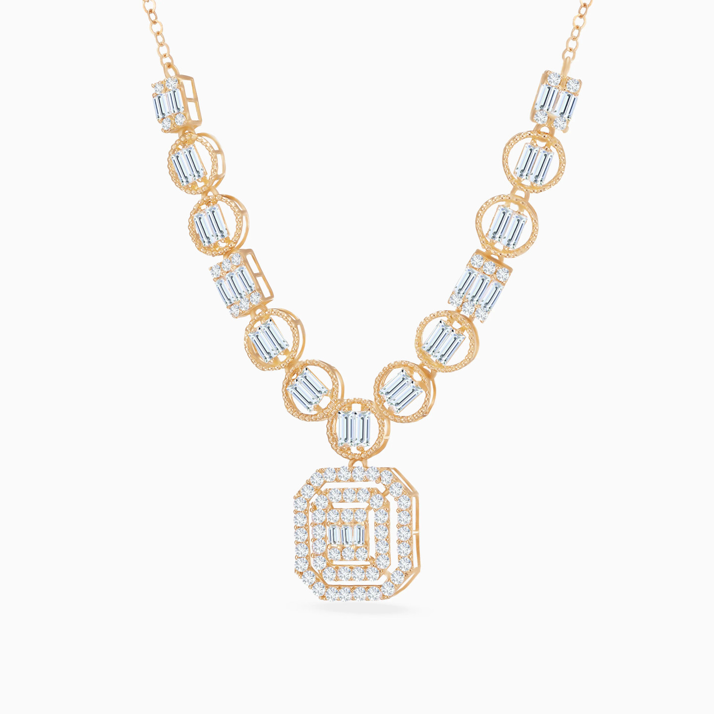 Rectangle & Round Cubic Zirconia Necklace in 18K Gold - 2 Rectangle & Round Cubic Zirconia Necklace in 18K Gold - 2