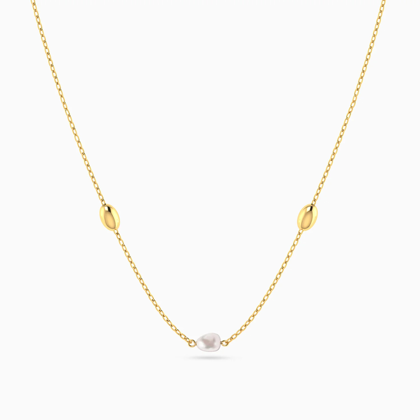 Oval Beads & Pearl Necklace in 18K Gold - 3 Oval Beads & Pearl Necklace in 18K Gold - 3